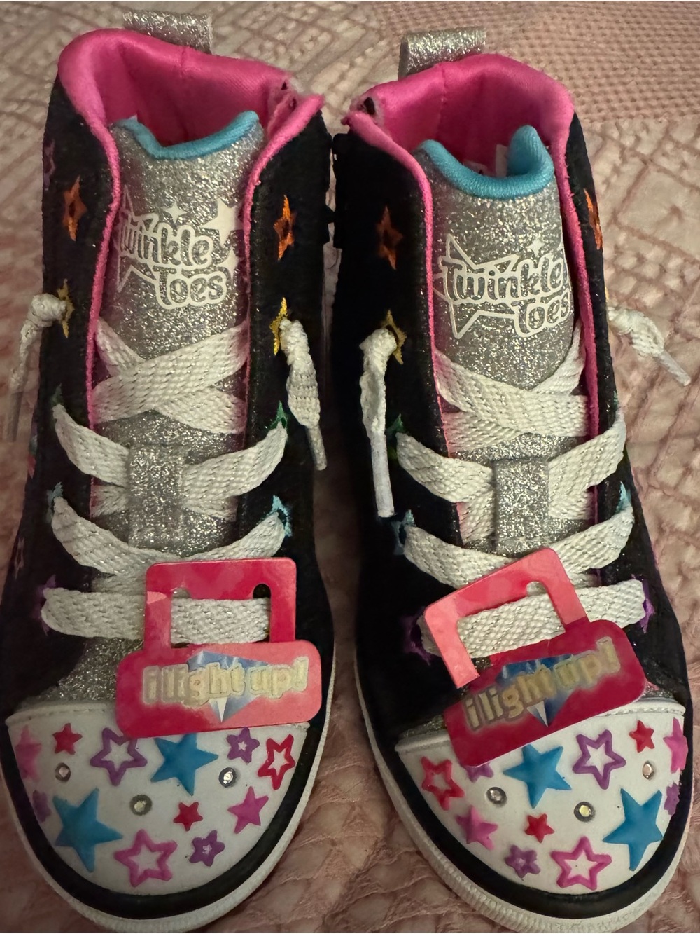 Skechers Kids Black Glitter High-Top Sneakers-Rainbow &Star Embroidery lights up - Picture 3 of 8
